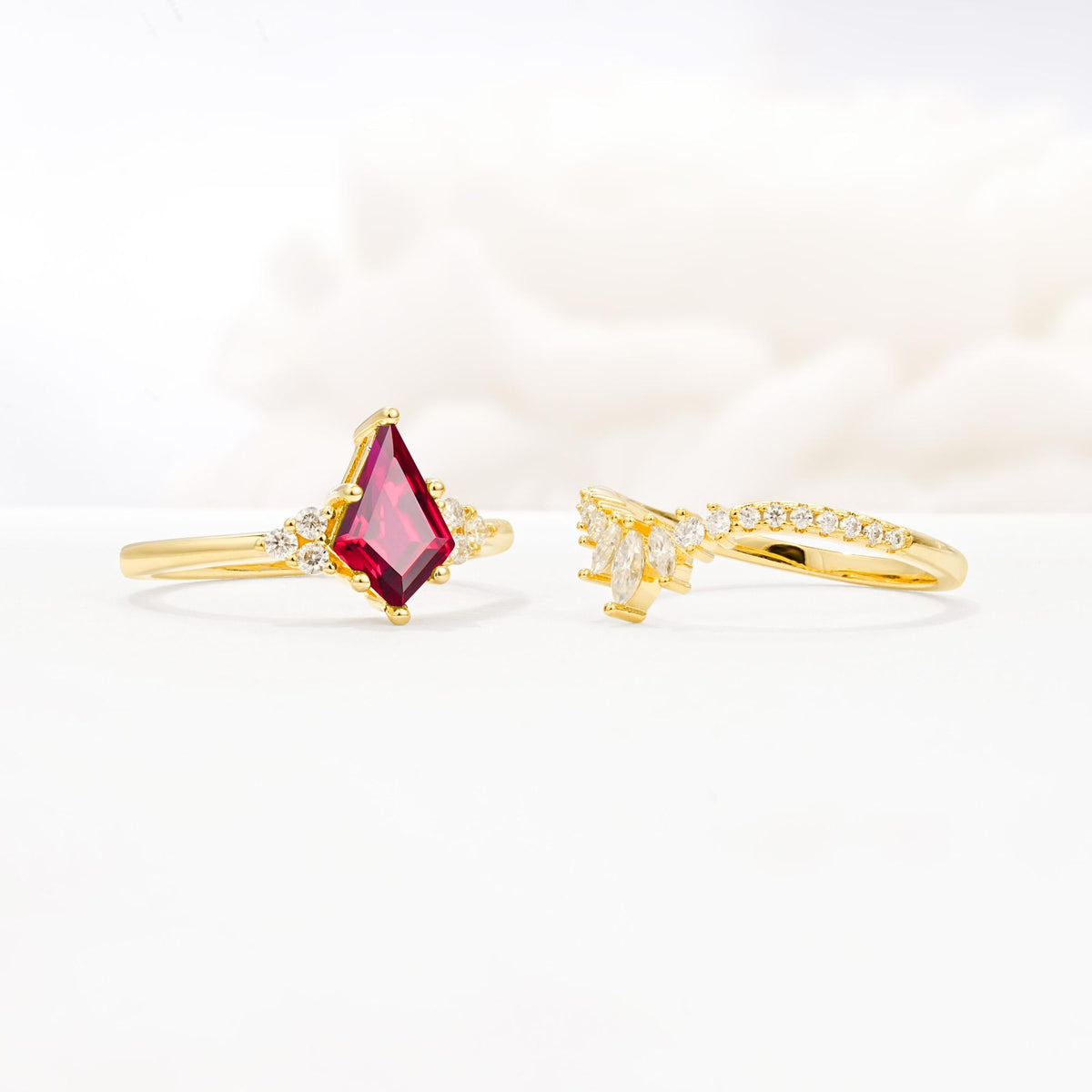 Kite Cut Ruby Engagement Ring Set with Sunburst Curved Band - Additional view