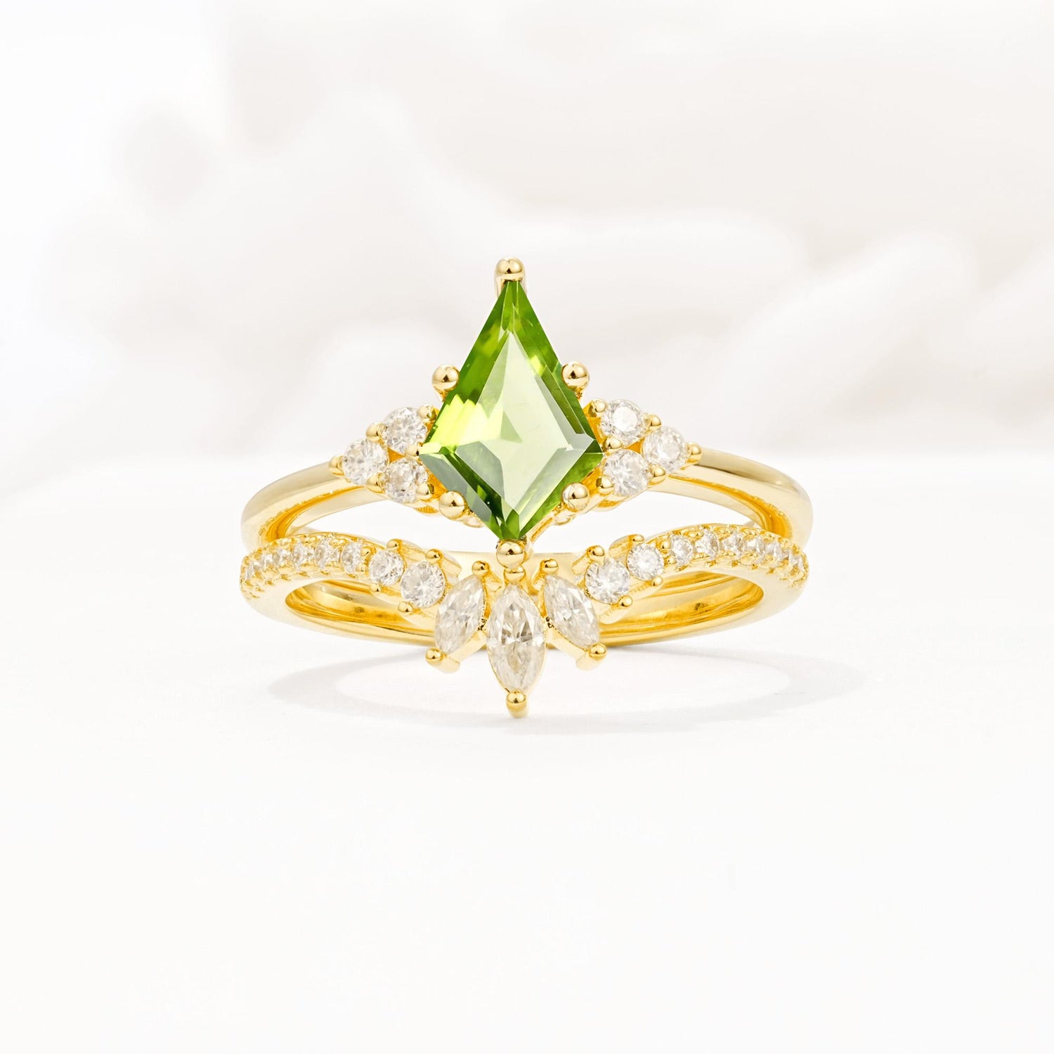 Kite Cut Peridot Engagement Ring Set with Sunburst Curved Band - Yellow-Gold