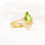 Kite Cut Peridot Engagement Ring Set with Sunburst Curved Band - Rose-Gold