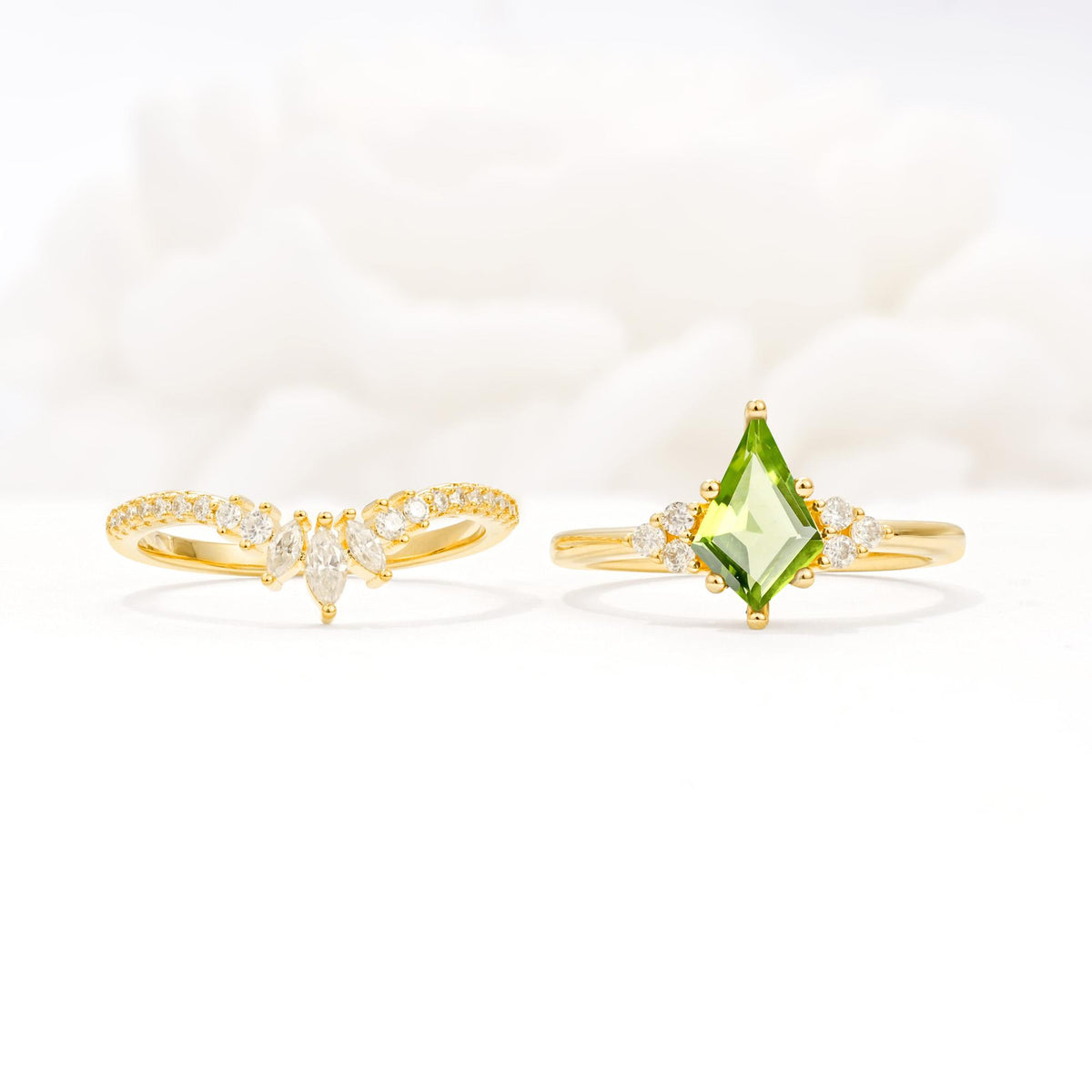 Kite Cut Peridot Engagement Ring Set with Sunburst Curved Band - White-Gold