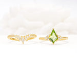Kite Cut Peridot Engagement Ring Set with Sunburst Curved Band - White-Gold