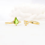 Kite Cut Peridot Engagement Ring Set with Sunburst Curved Band - Additional view