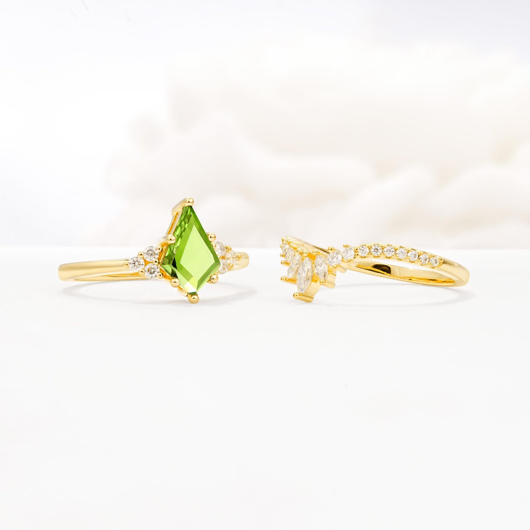 Kite Cut Peridot Engagement Ring Set with Sunburst Curved Band - Additional view