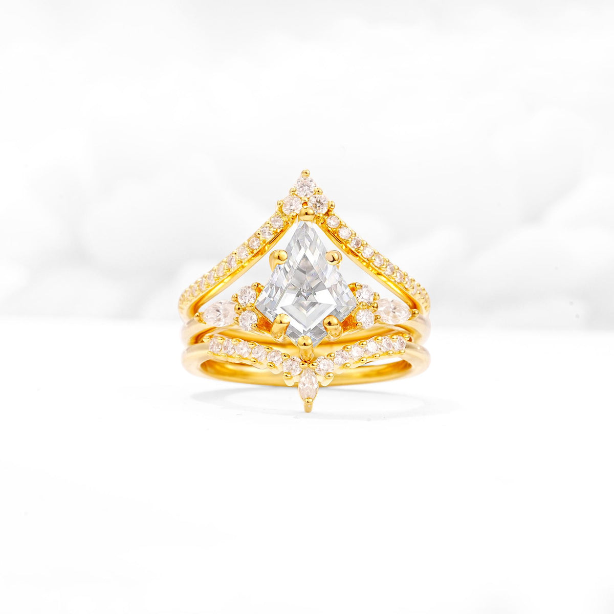 Kite Cut Moissanite Engagement Ring Set with Double Chevron Enhancers - Yellow-Gold
