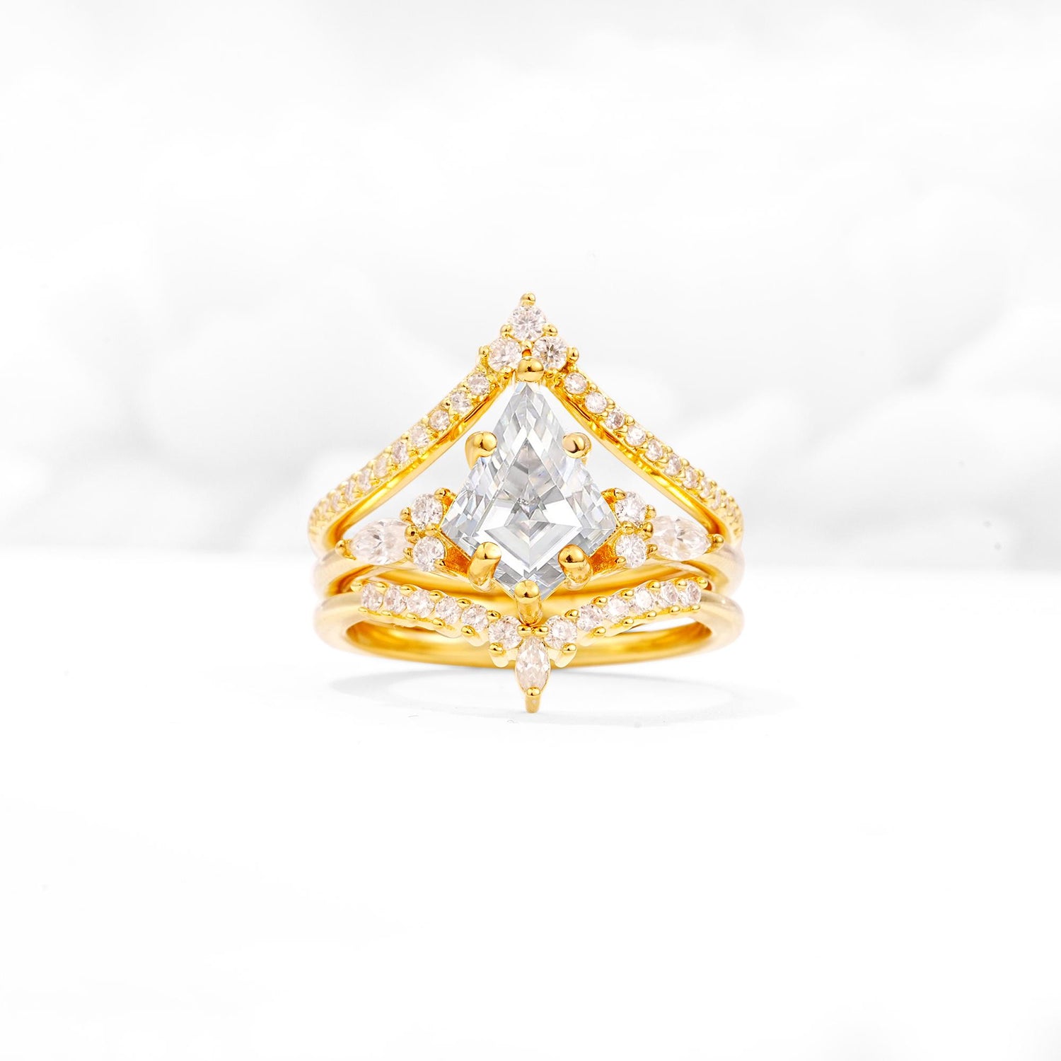Kite Cut Moissanite Engagement Ring Set with Double Chevron Enhancers - Yellow-Gold