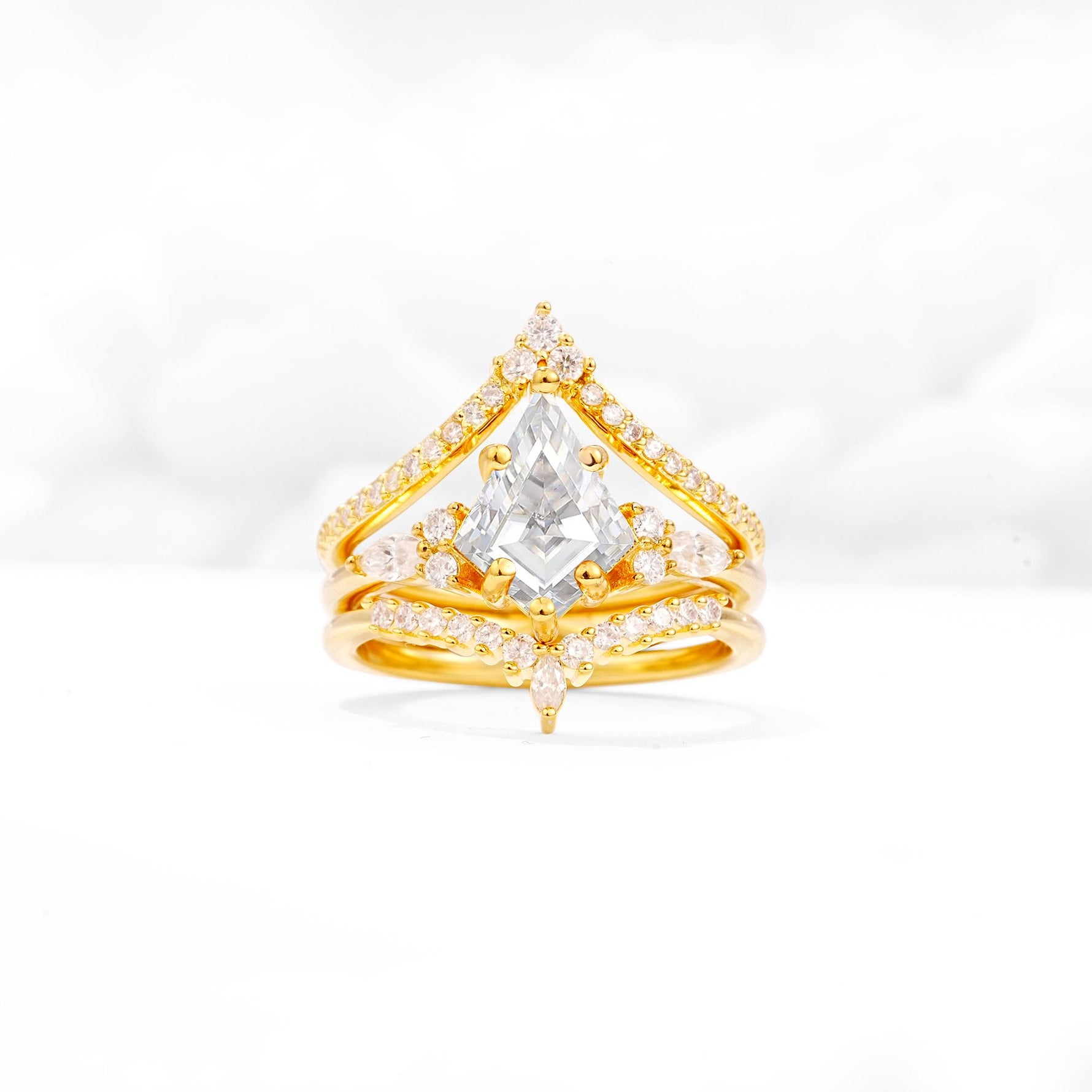 Kite Cut Moissanite Engagement Ring Set with Double Chevron Enhancers - Yellow-Gold