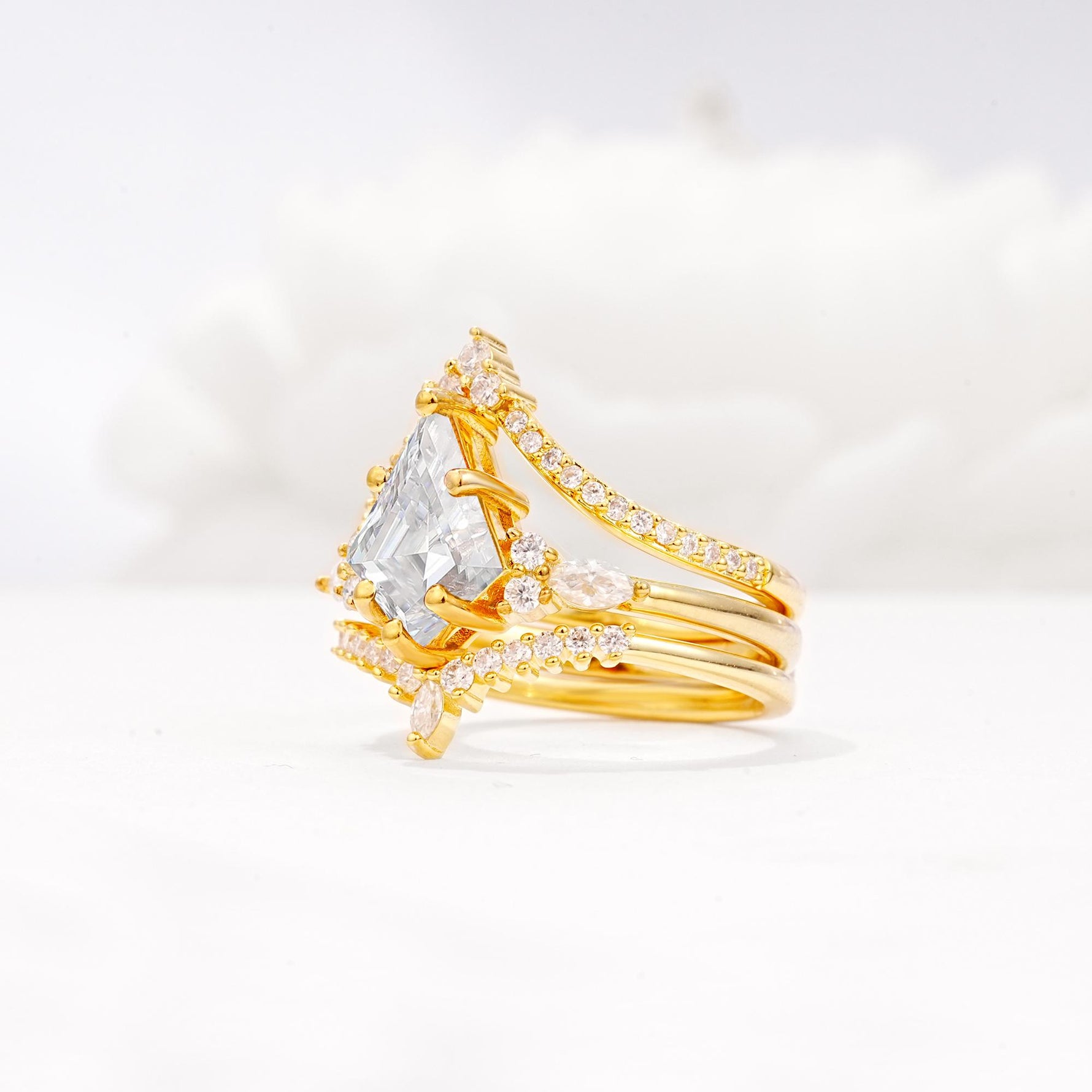 Kite Cut Moissanite Engagement Ring Set with Double Chevron Enhancers - Rose-Gold