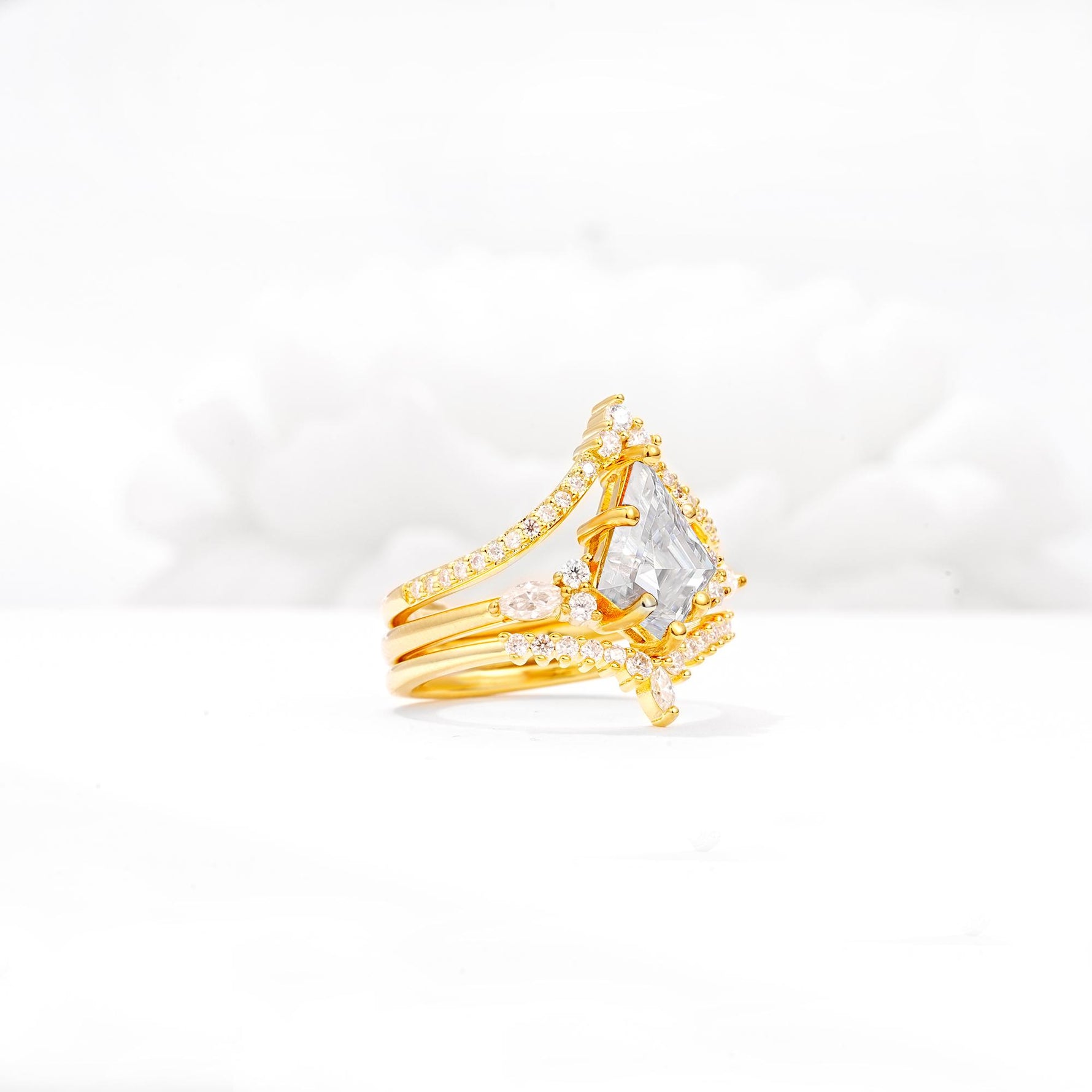 Kite Cut Moissanite Engagement Ring Set with Double Chevron Enhancers - White-Gold