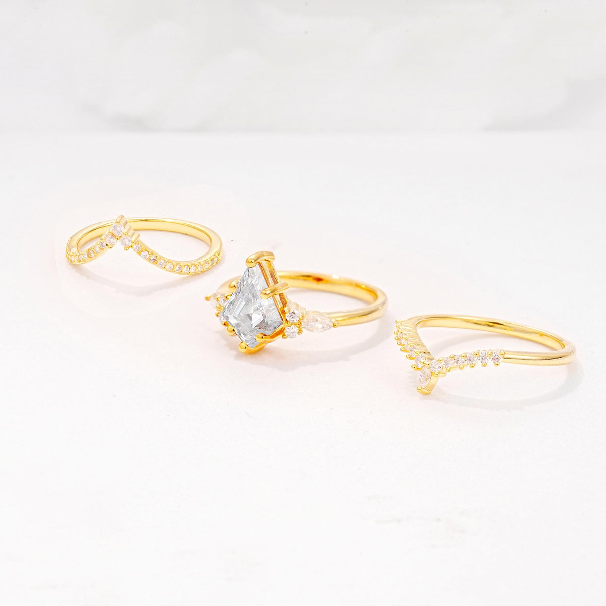 Kite Cut Moissanite Engagement Ring Set with Double Chevron Enhancers - Additional view