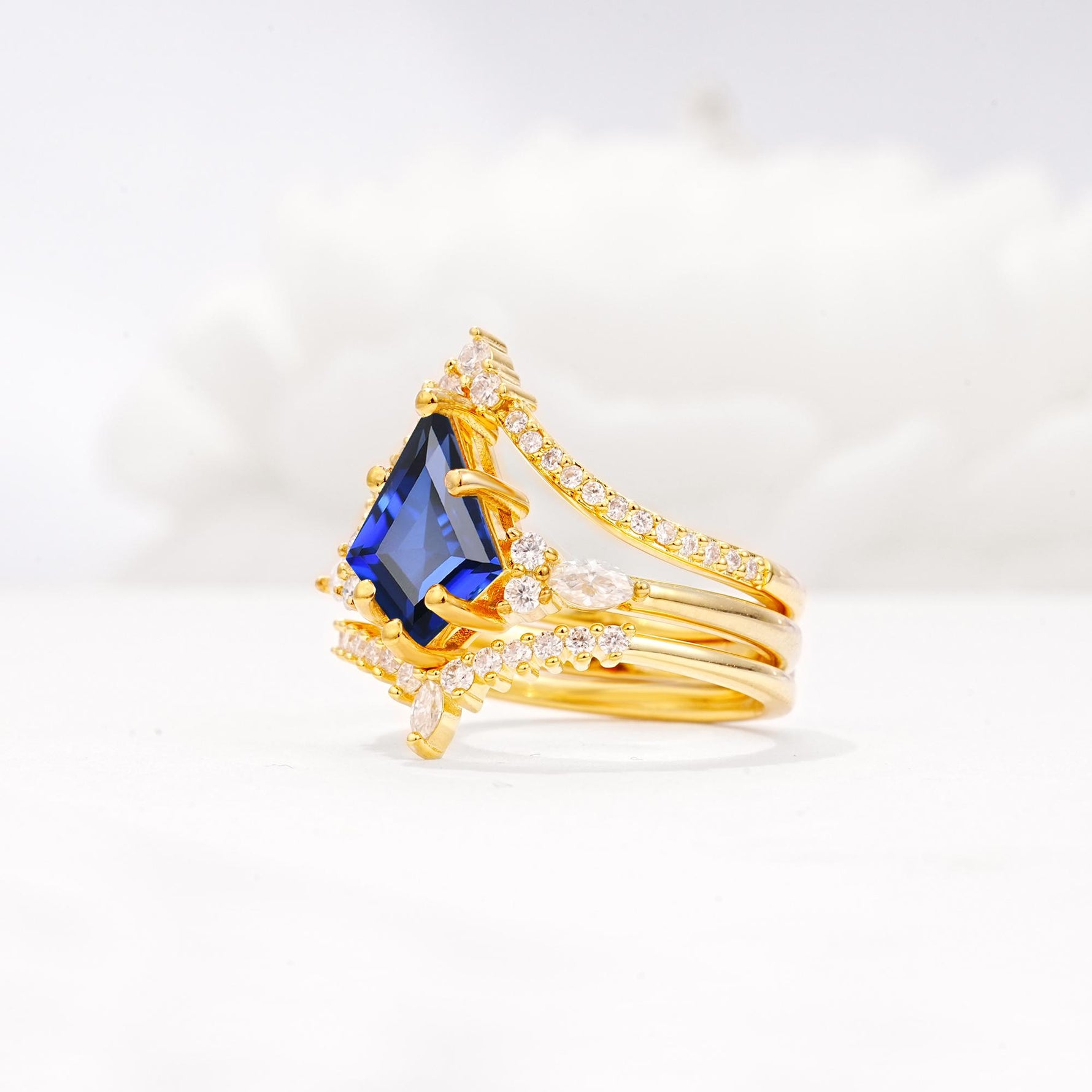 Kite Cut Sapphire Engagement Ring Set with Double Chevron Enhancers - Rose-Gold