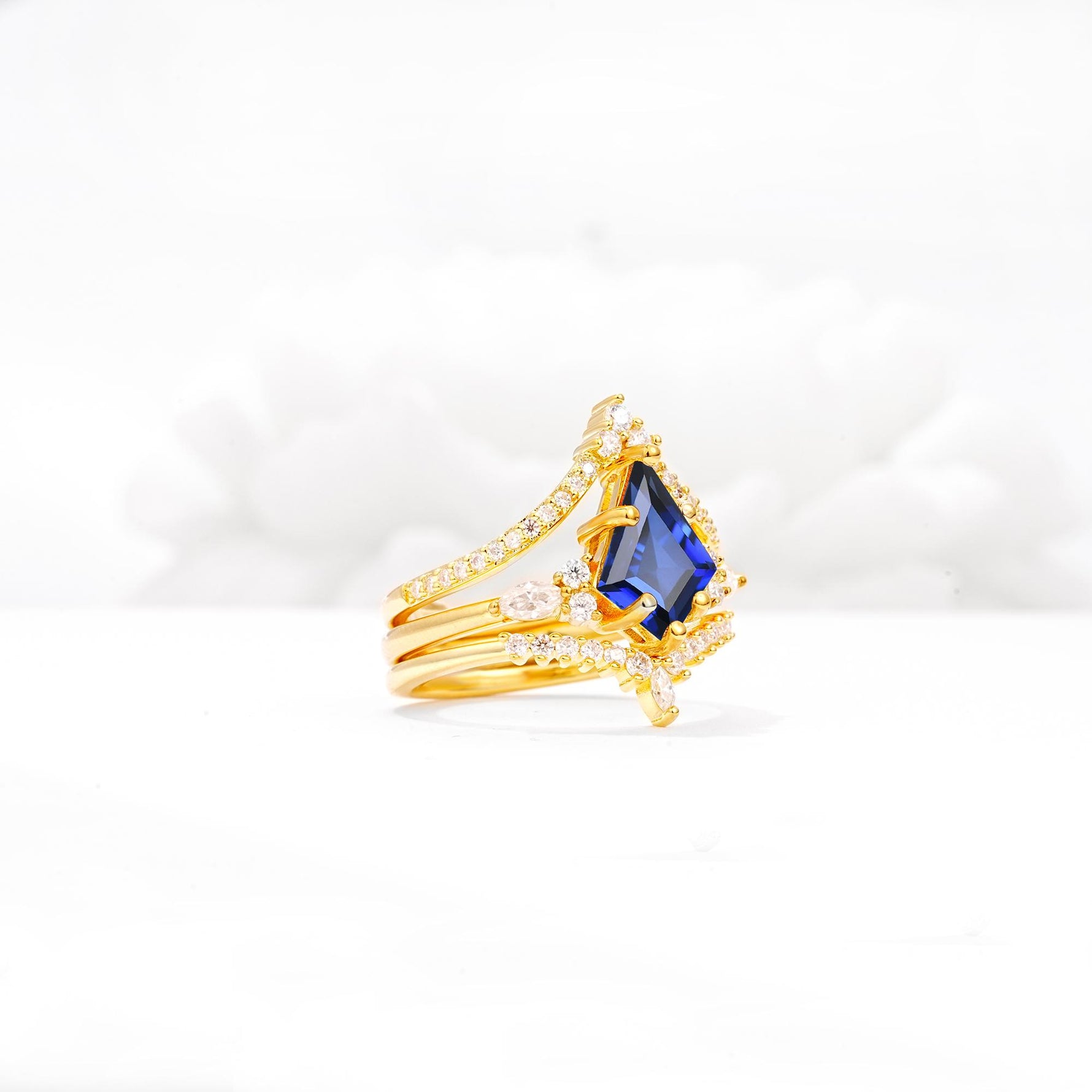 Kite Cut Sapphire Engagement Ring Set with Double Chevron Enhancers - White-Gold