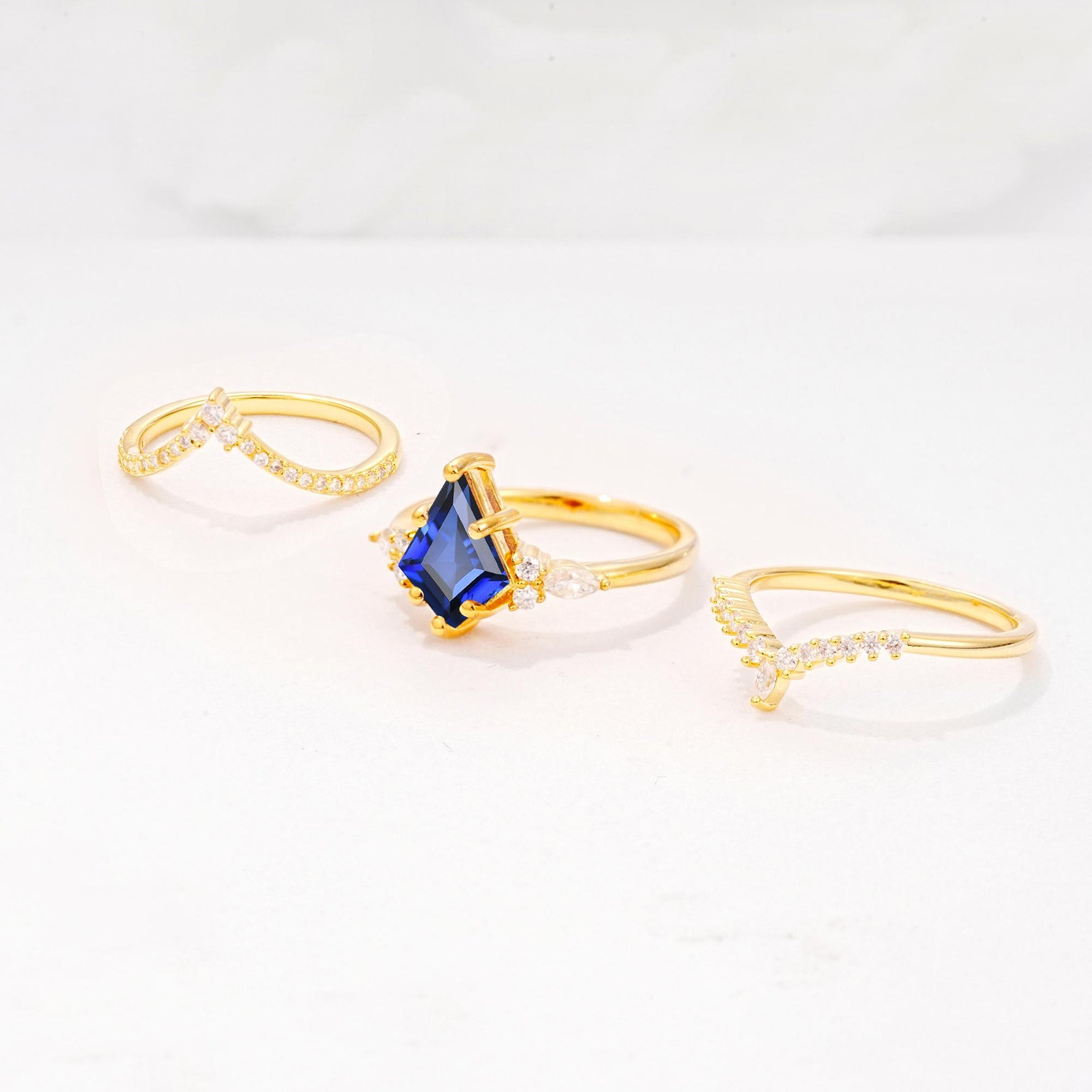 Kite Cut Sapphire Engagement Ring Set with Double Chevron Enhancers - Additional view