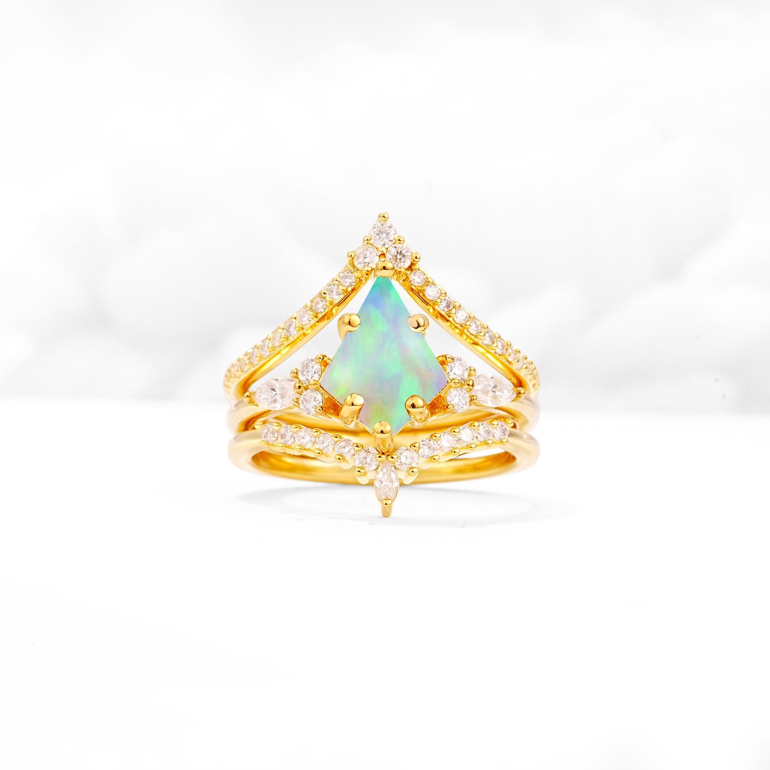 Kite Cut Fire Opal Engagement Ring Set with Double Chevron Enhancers - Yellow-Gold