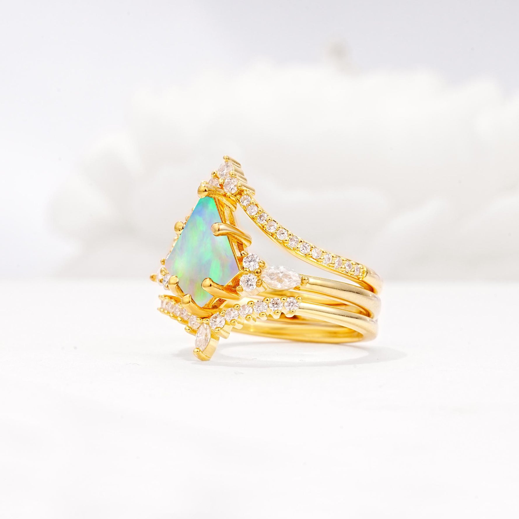 Kite Cut Fire Opal Engagement Ring Set with Double Chevron Enhancers - Rose-Gold