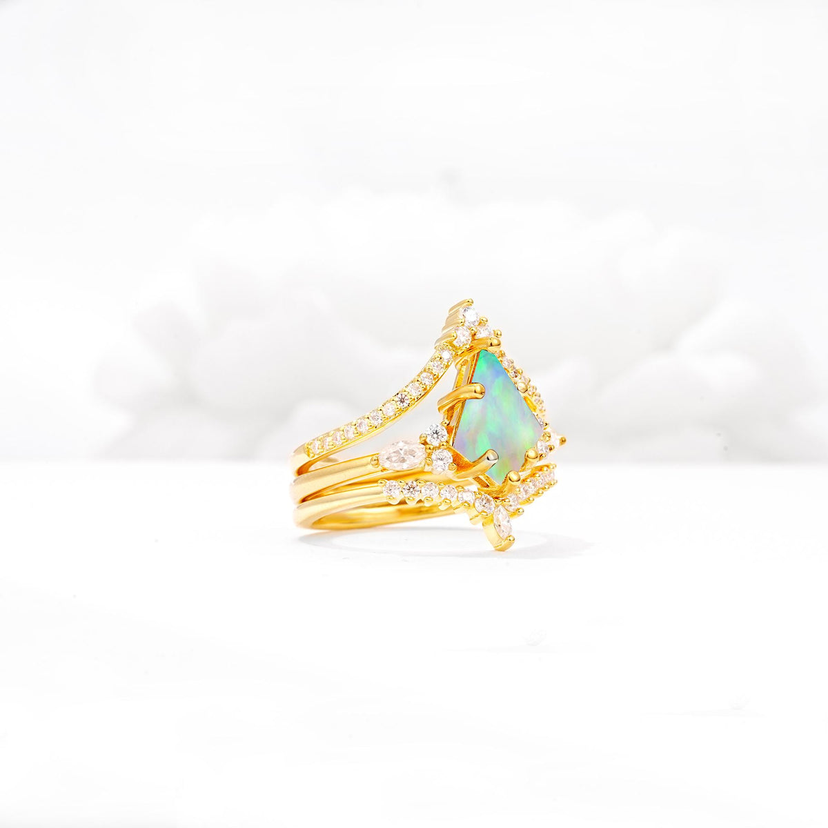 Kite Cut Fire Opal Engagement Ring Set with Double Chevron Enhancers - White-Gold