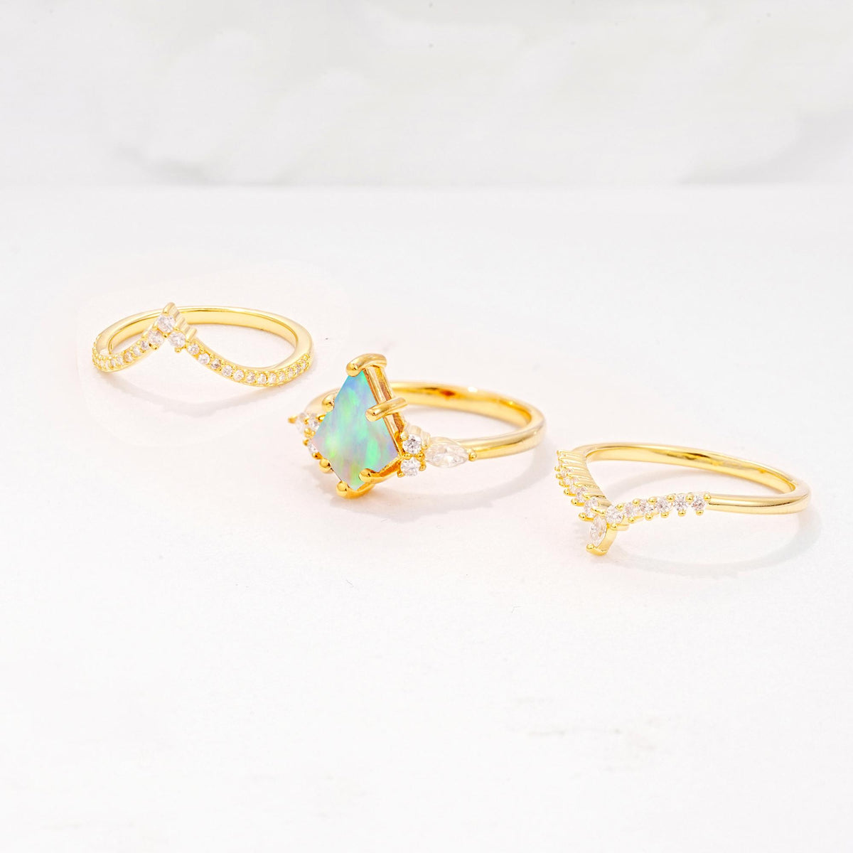 Kite Cut Fire Opal Engagement Ring Set with Double Chevron Enhancers - Additional view