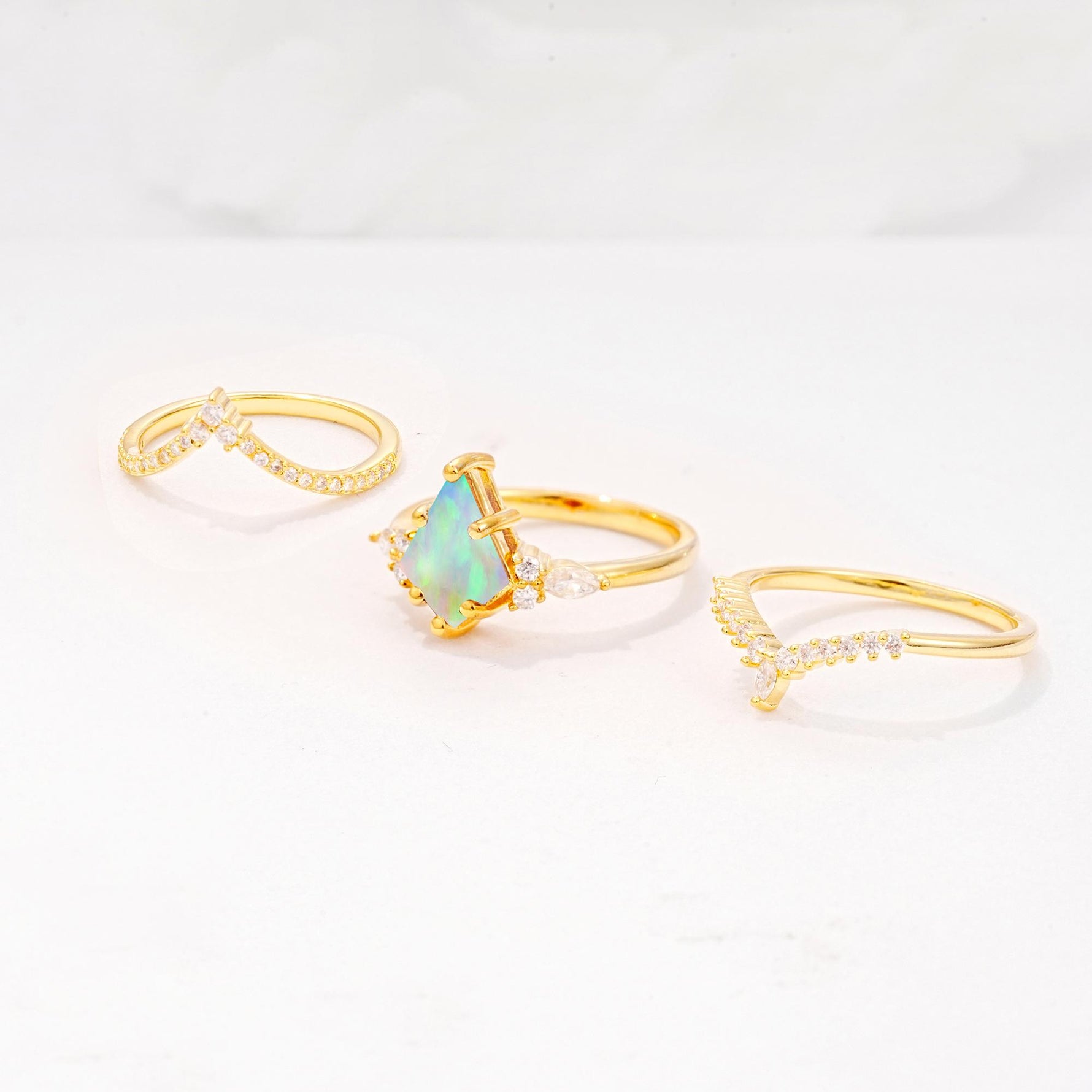 Kite Cut Fire Opal Engagement Ring Set with Double Chevron Enhancers - Additional view