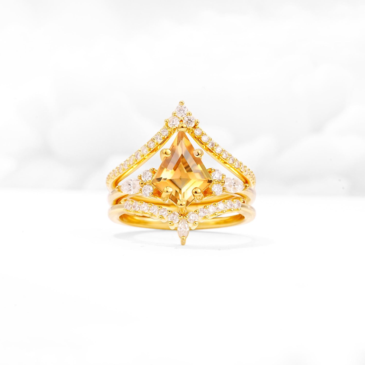 Kite Cut Citrine Engagement Ring Set with Double Chevron Enhancers - Yellow-Gold