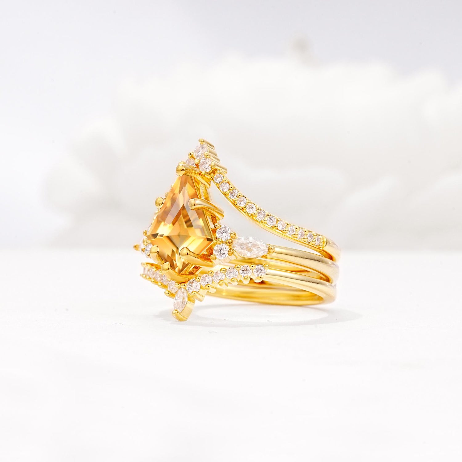 Kite Cut Citrine Engagement Ring Set with Double Chevron Enhancers - Rose-Gold