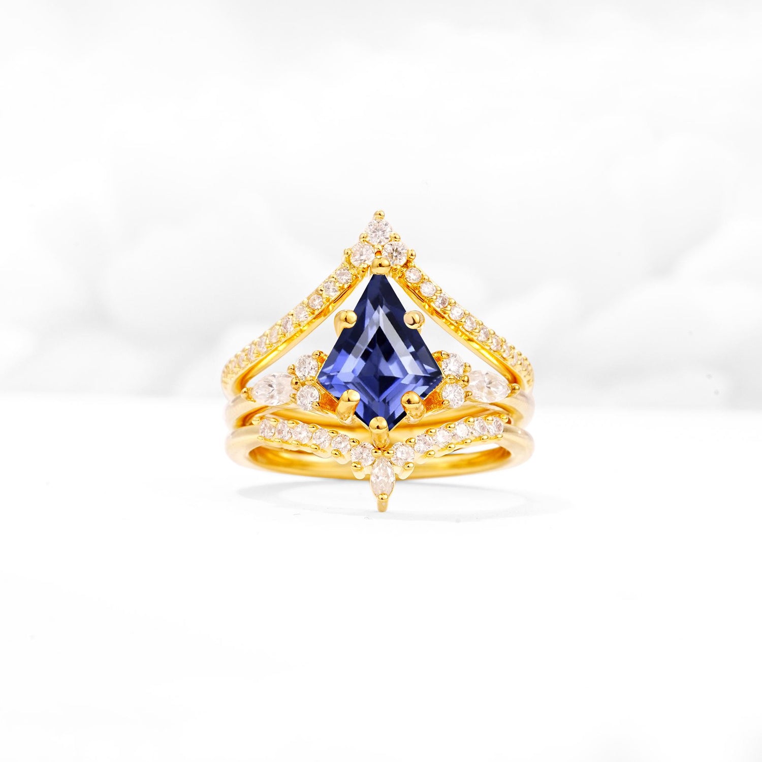 Kite Cut Tanzanite Engagement Ring Set with Double Chevron Enhancers - Yellow-Gold