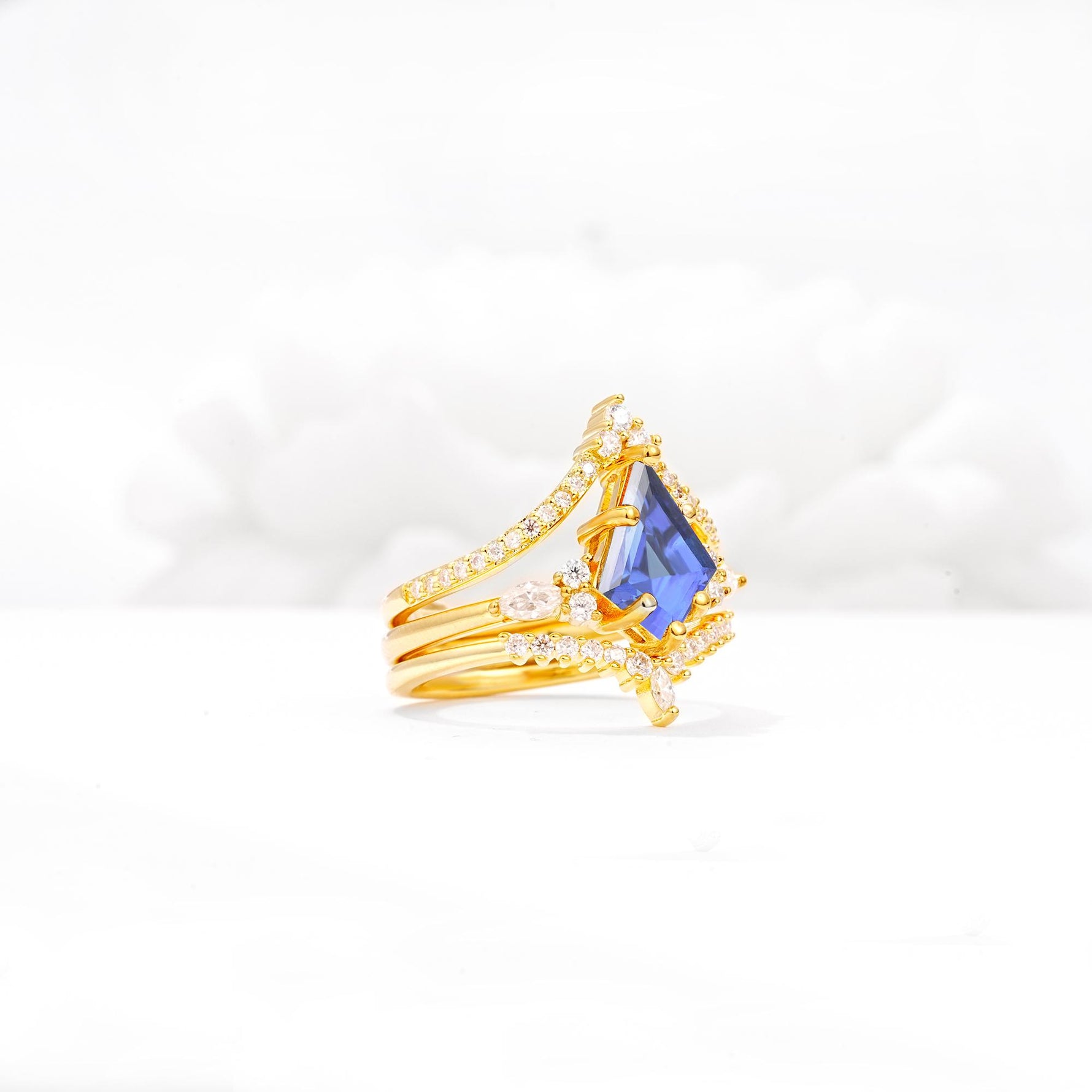 Kite Cut Tanzanite Engagement Ring Set with Double Chevron Enhancers - White-Gold