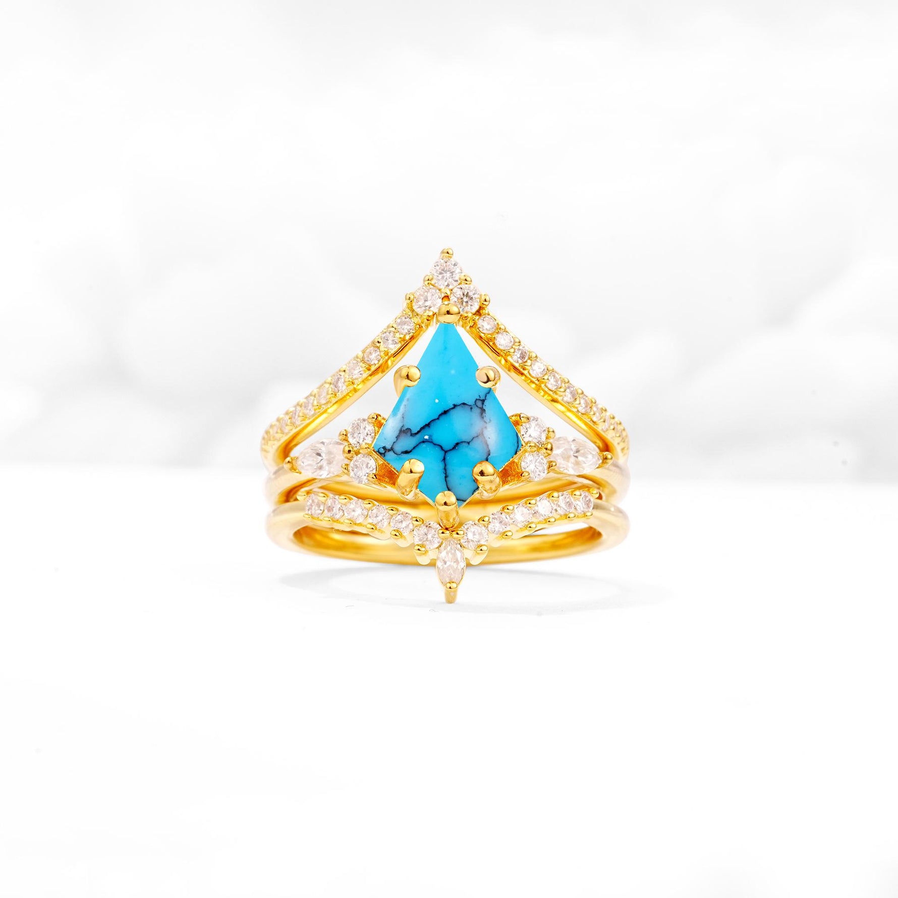 Kite Cut Turquoise Engagement Ring Set with Double Chevron Enhancers - Yellow-Gold
