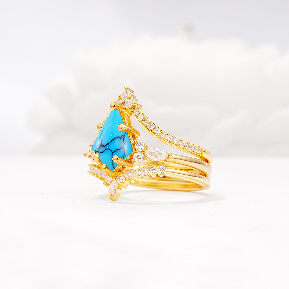 Kite Cut Turquoise Engagement Ring Set with Double Chevron Enhancers - Rose-Gold