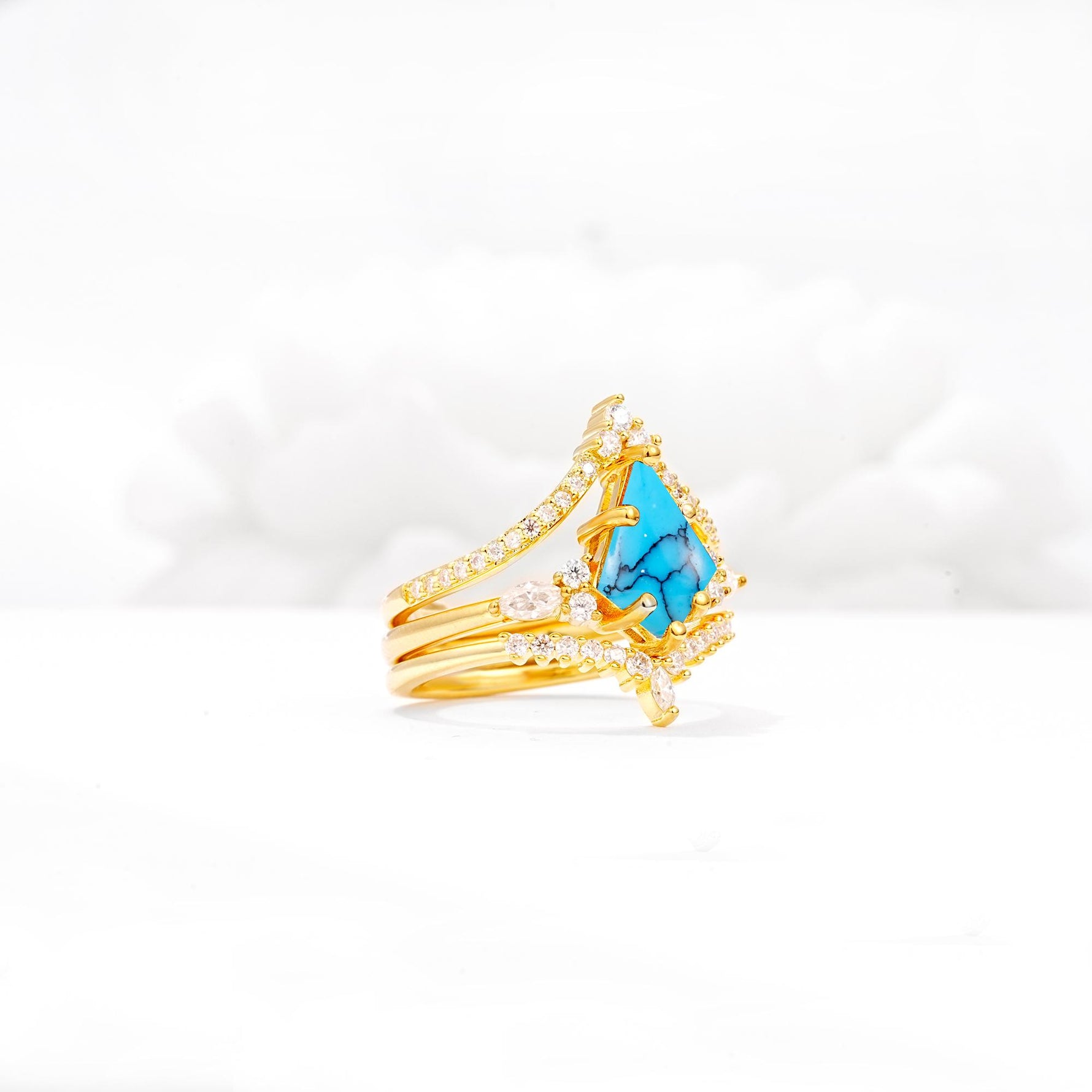 Kite Cut Turquoise Engagement Ring Set with Double Chevron Enhancers - White-Gold