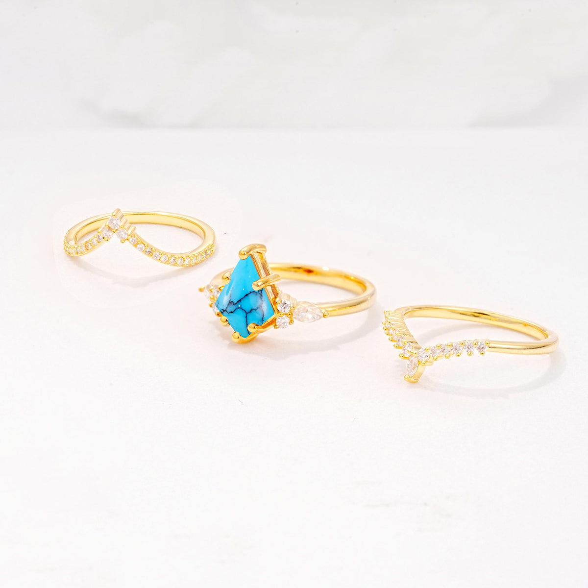 Kite Cut Turquoise Engagement Ring Set with Double Chevron Enhancers - Additional view