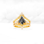 Kite Cut Black Rutilated Quartz Engagement Ring Set with Double Chevron Enhancers - Yellow-Gold