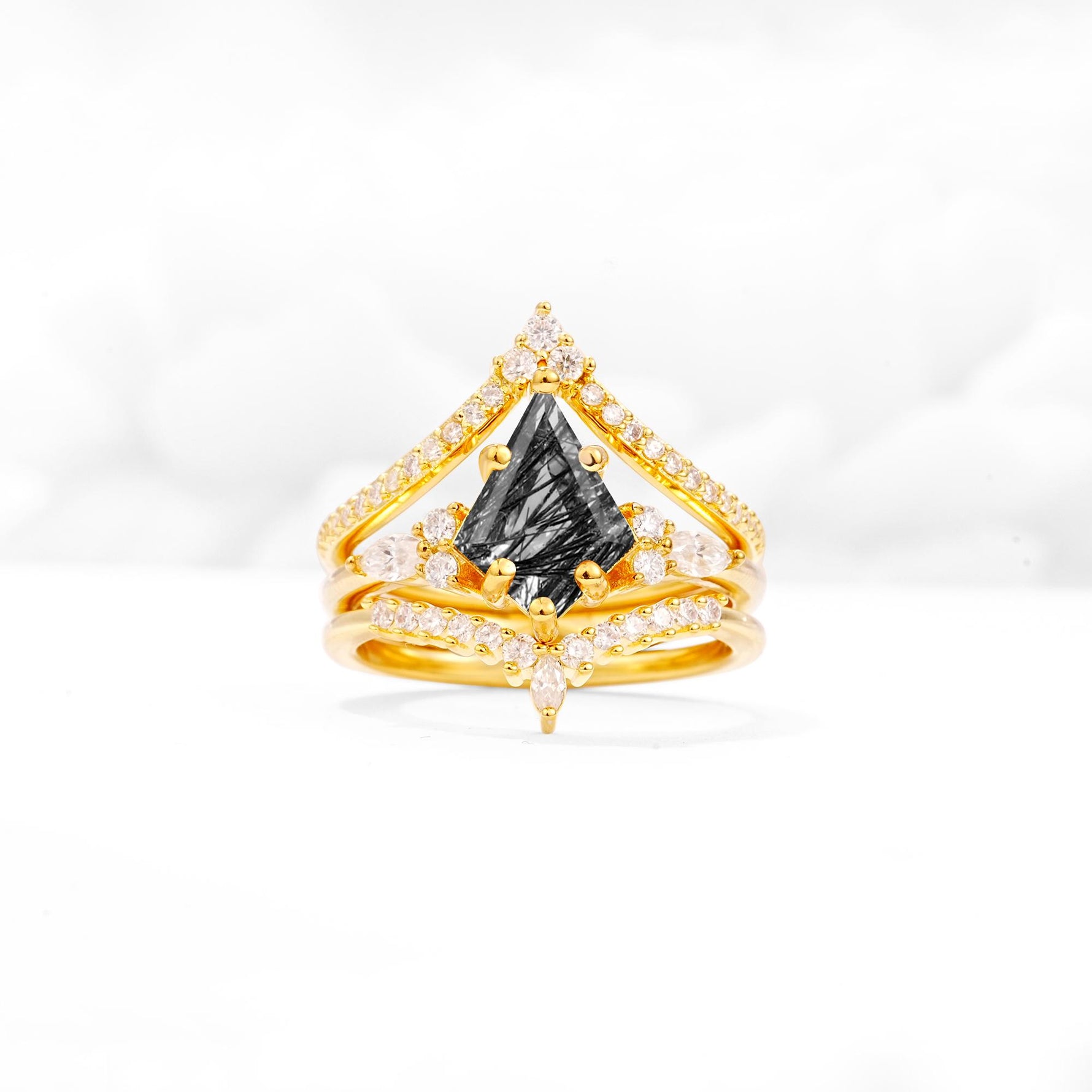 Kite Cut Black Rutilated Quartz Engagement Ring Set with Double Chevron Enhancers - Yellow-Gold