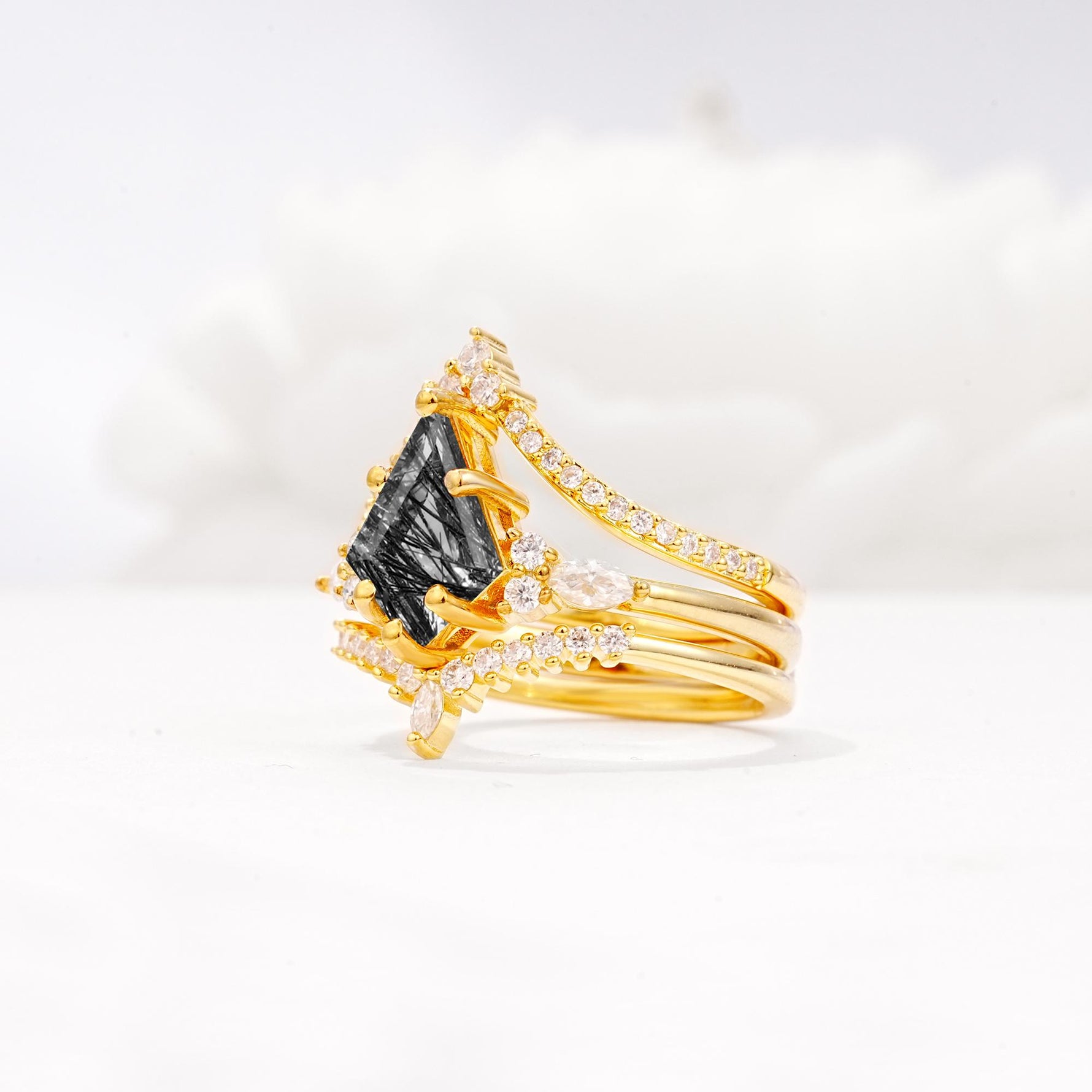 Kite Cut Black Rutilated Quartz Engagement Ring Set with Double Chevron Enhancers - Rose-Gold