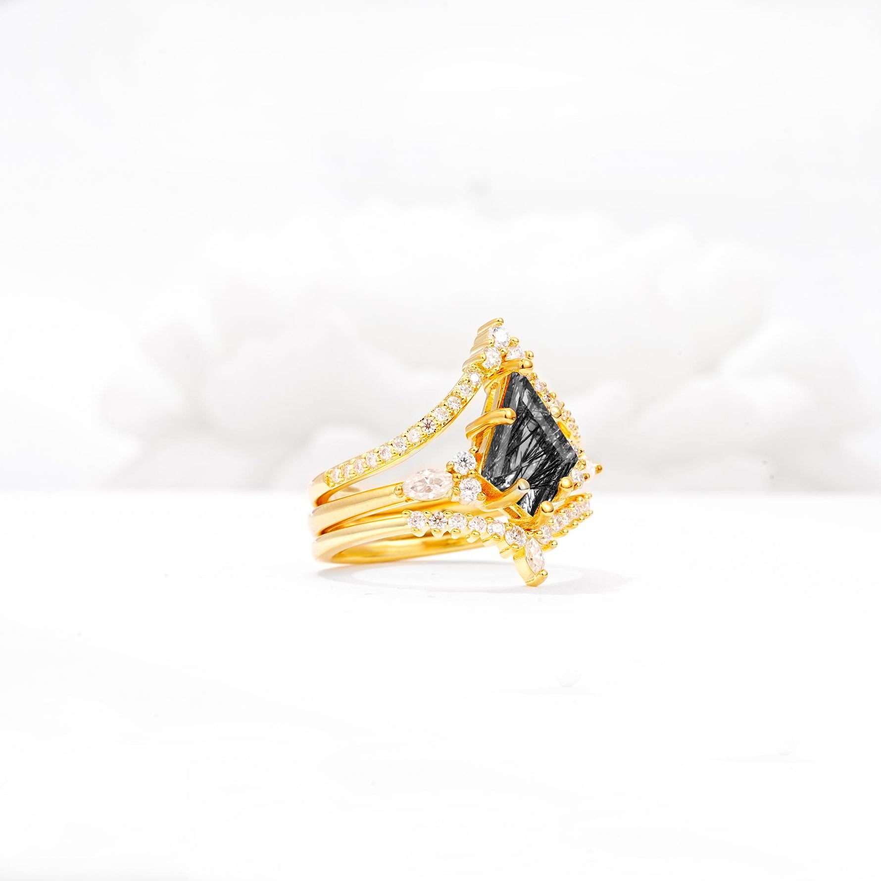 Kite Cut Black Rutilated Quartz Engagement Ring Set with Double Chevron Enhancers - White-Gold