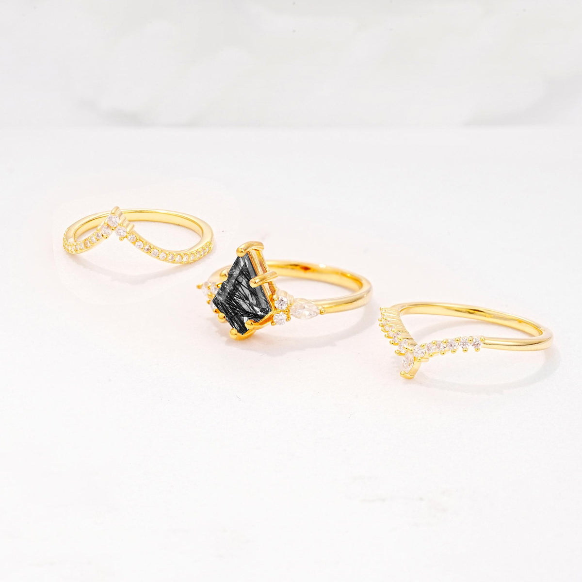 Kite Cut Black Rutilated Quartz Engagement Ring Set with Double Chevron Enhancers - Additional view