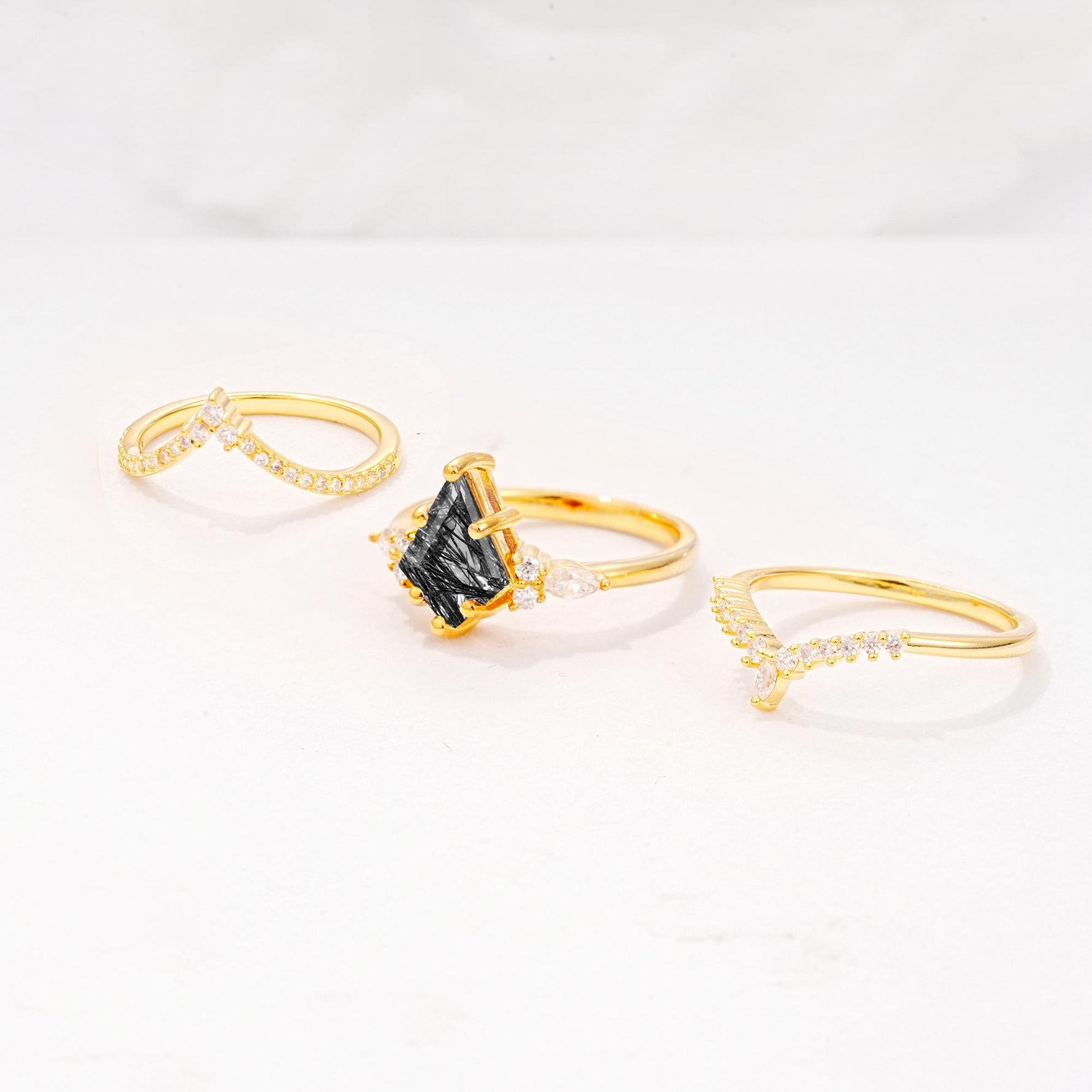 Kite Cut Black Rutilated Quartz Engagement Ring Set with Double Chevron Enhancers - Additional view