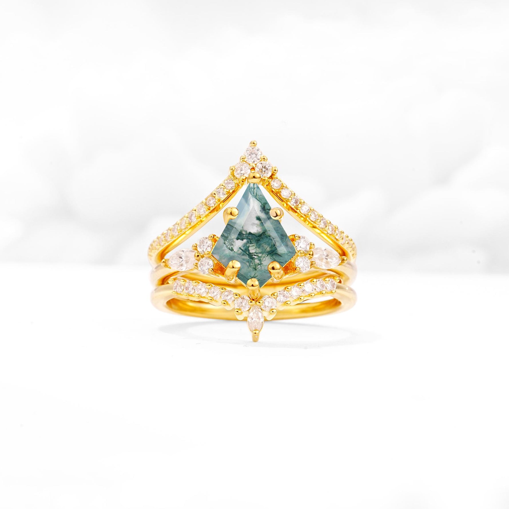 Kite Cut Moss Agate Engagement Ring Set with Double Chevron Enhancers - Yellow-Gold