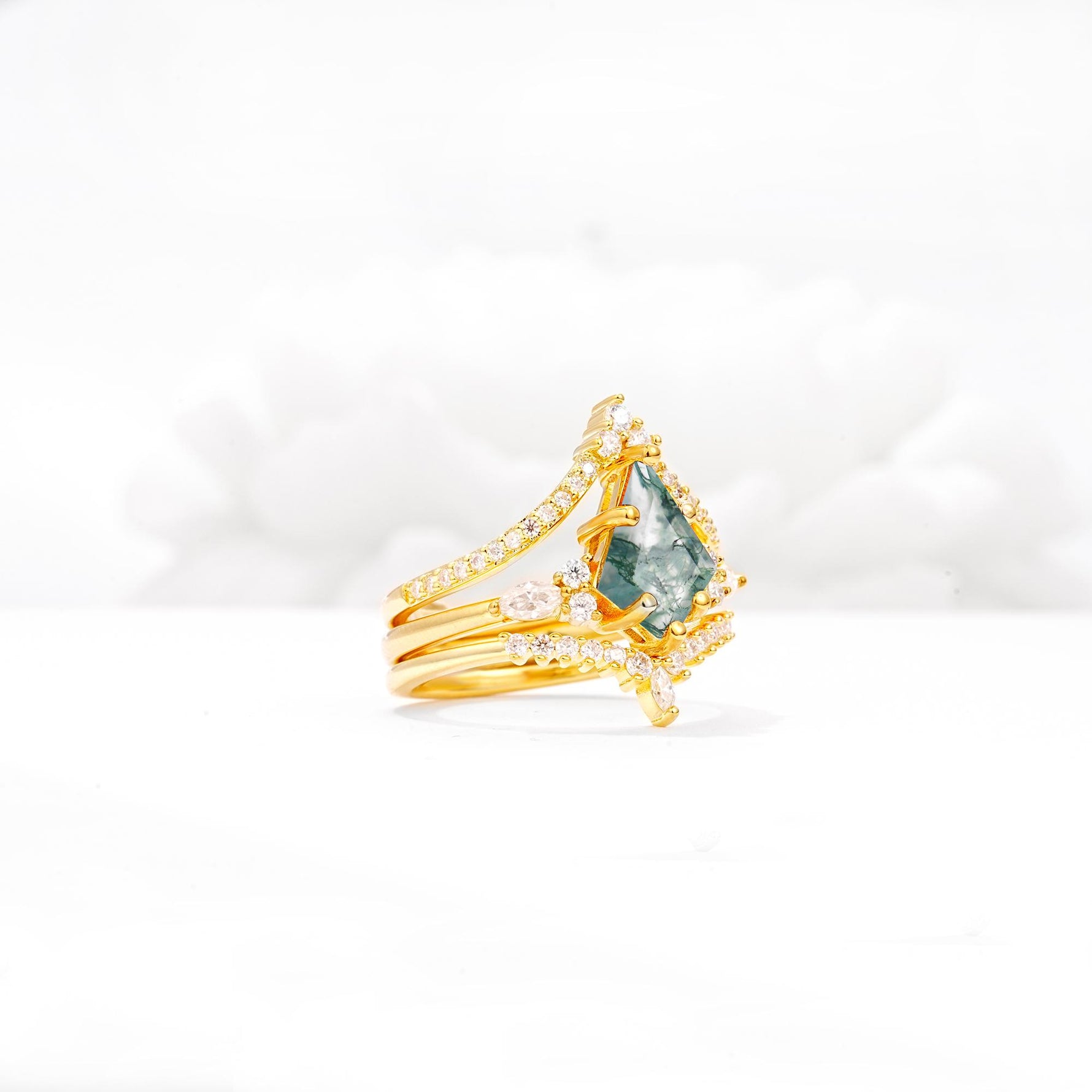 Kite Cut Moss Agate Engagement Ring Set with Double Chevron Enhancers - White-Gold