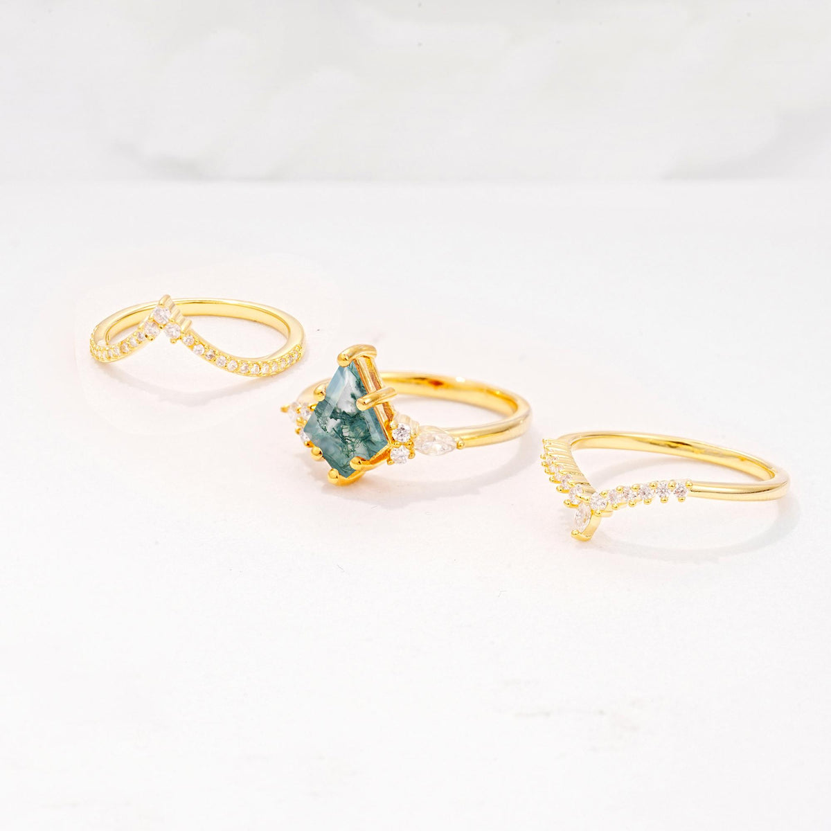 Kite Cut Moss Agate Engagement Ring Set with Double Chevron Enhancers - Additional view