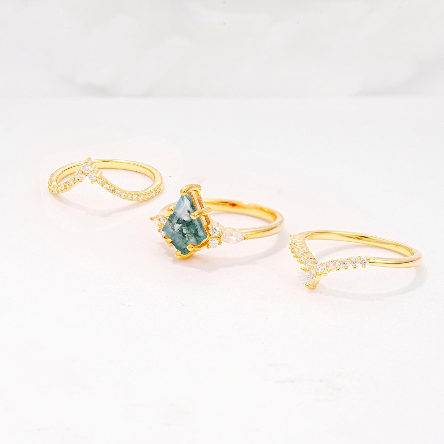 Kite Cut Moss Agate Engagement Ring Set with Double Chevron Enhancers - Additional view