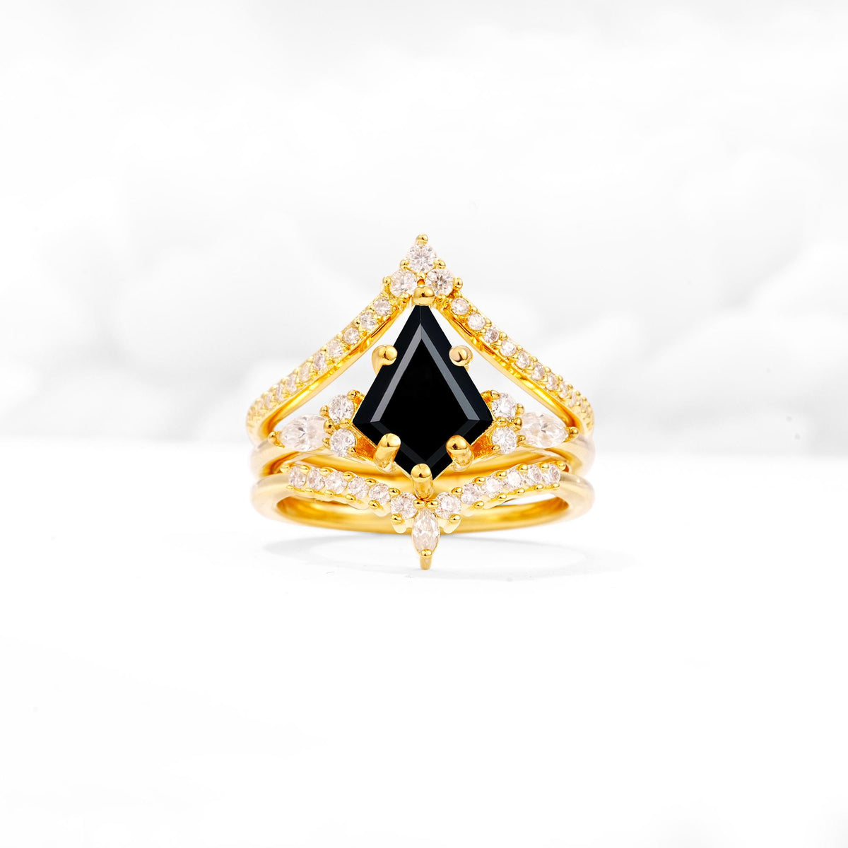 Kite Cut Black Onyx Engagement Ring Set with Double Chevron Enhancers - Yellow-Gold