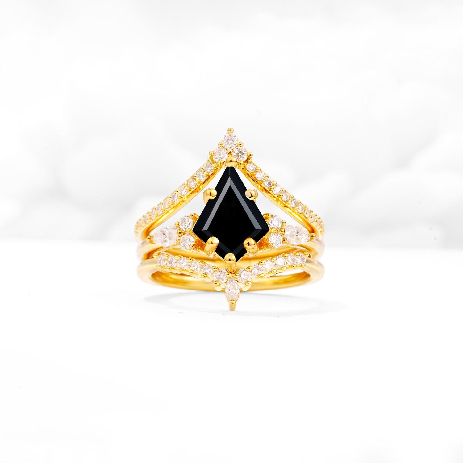 Kite Cut Black Onyx Engagement Ring Set with Double Chevron Enhancers - Yellow-Gold