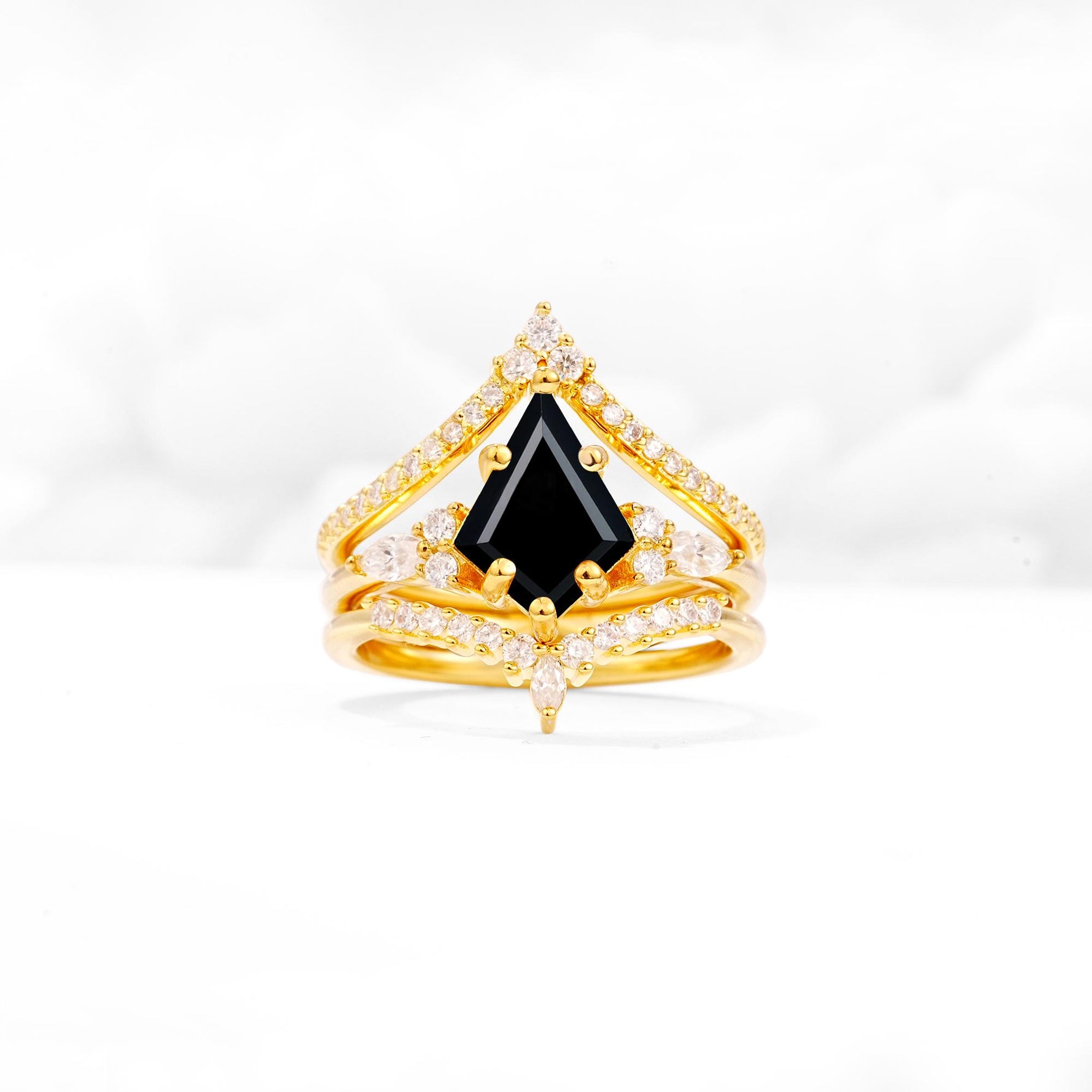 Kite Cut Black Onyx Engagement Ring Set with Double Chevron Enhancers - Yellow-Gold