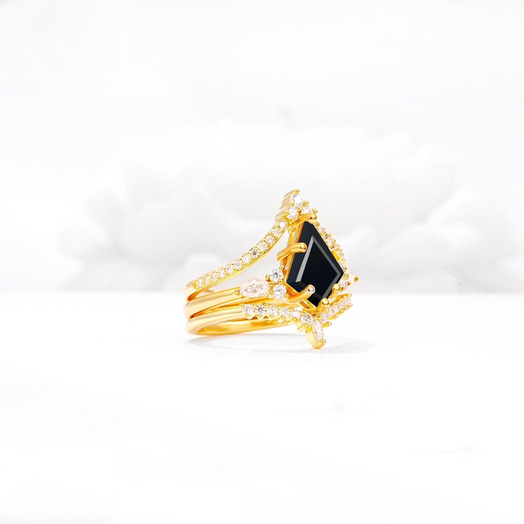 Kite Cut Black Onyx Engagement Ring Set with Double Chevron Enhancers - White-Gold