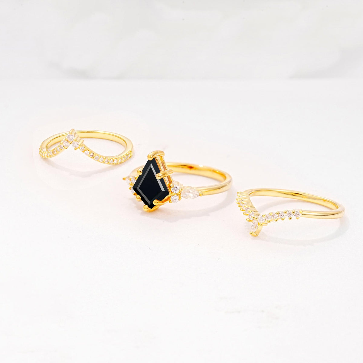 Kite Cut Black Onyx Engagement Ring Set with Double Chevron Enhancers - Additional view