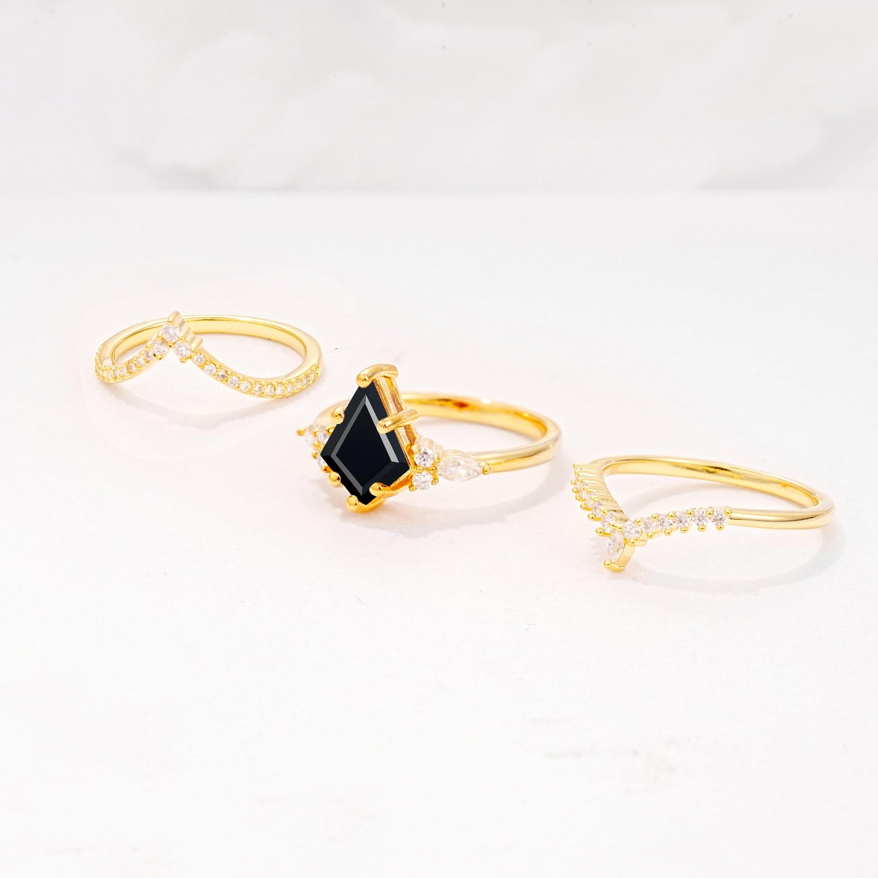 Kite Cut Black Onyx Engagement Ring Set with Double Chevron Enhancers - Additional view