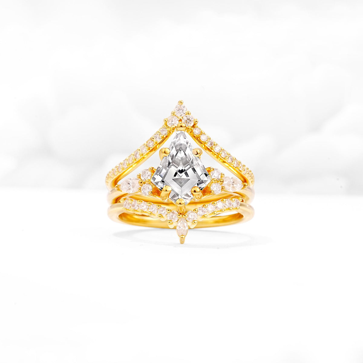 Kite Cut Lab Diamond Engagement Ring Set with Double Chevron Enhancers - Yellow-Gold