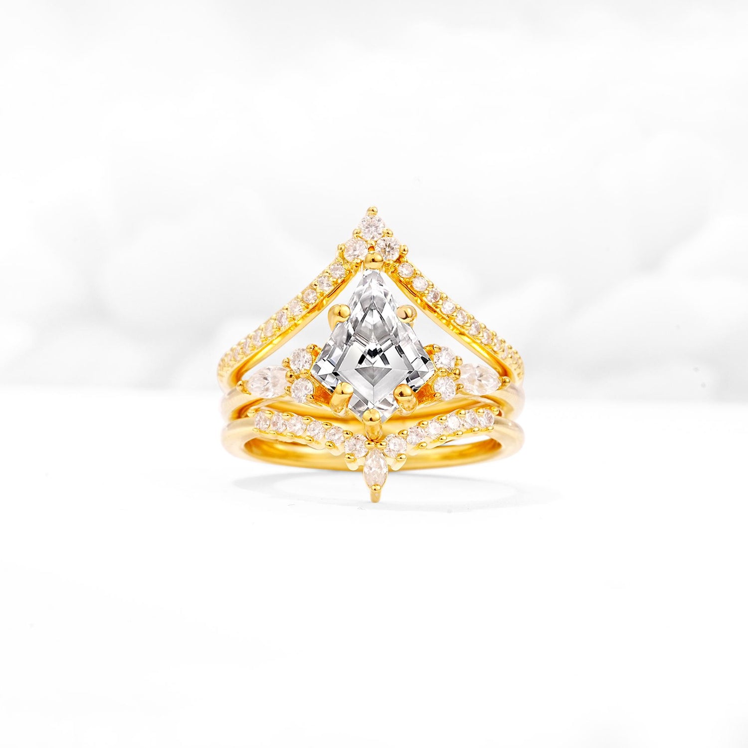 Kite Cut Lab Diamond Engagement Ring Set with Double Chevron Enhancers - Yellow-Gold