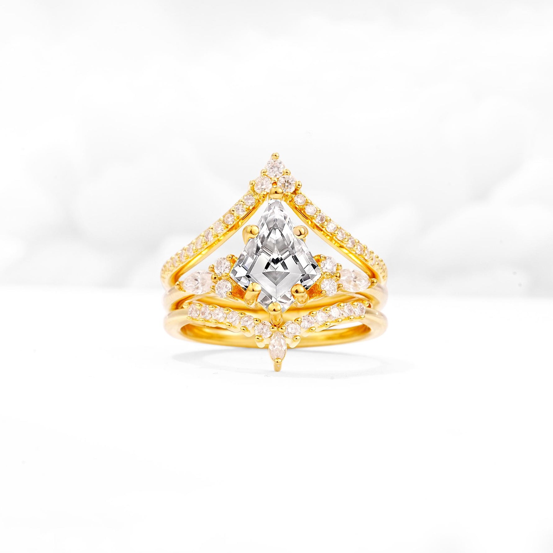 Kite Cut Lab Diamond Engagement Ring Set with Double Chevron Enhancers - Yellow-Gold