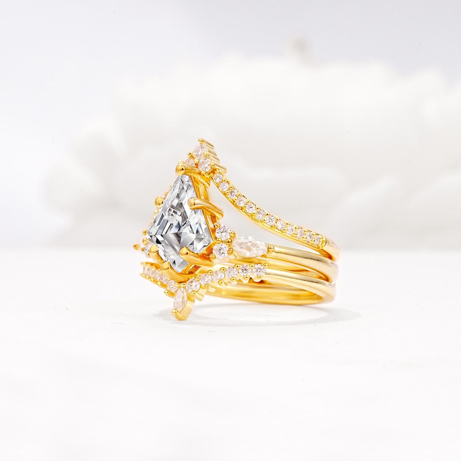 Kite Cut Lab Diamond Engagement Ring Set with Double Chevron Enhancers - Rose-Gold