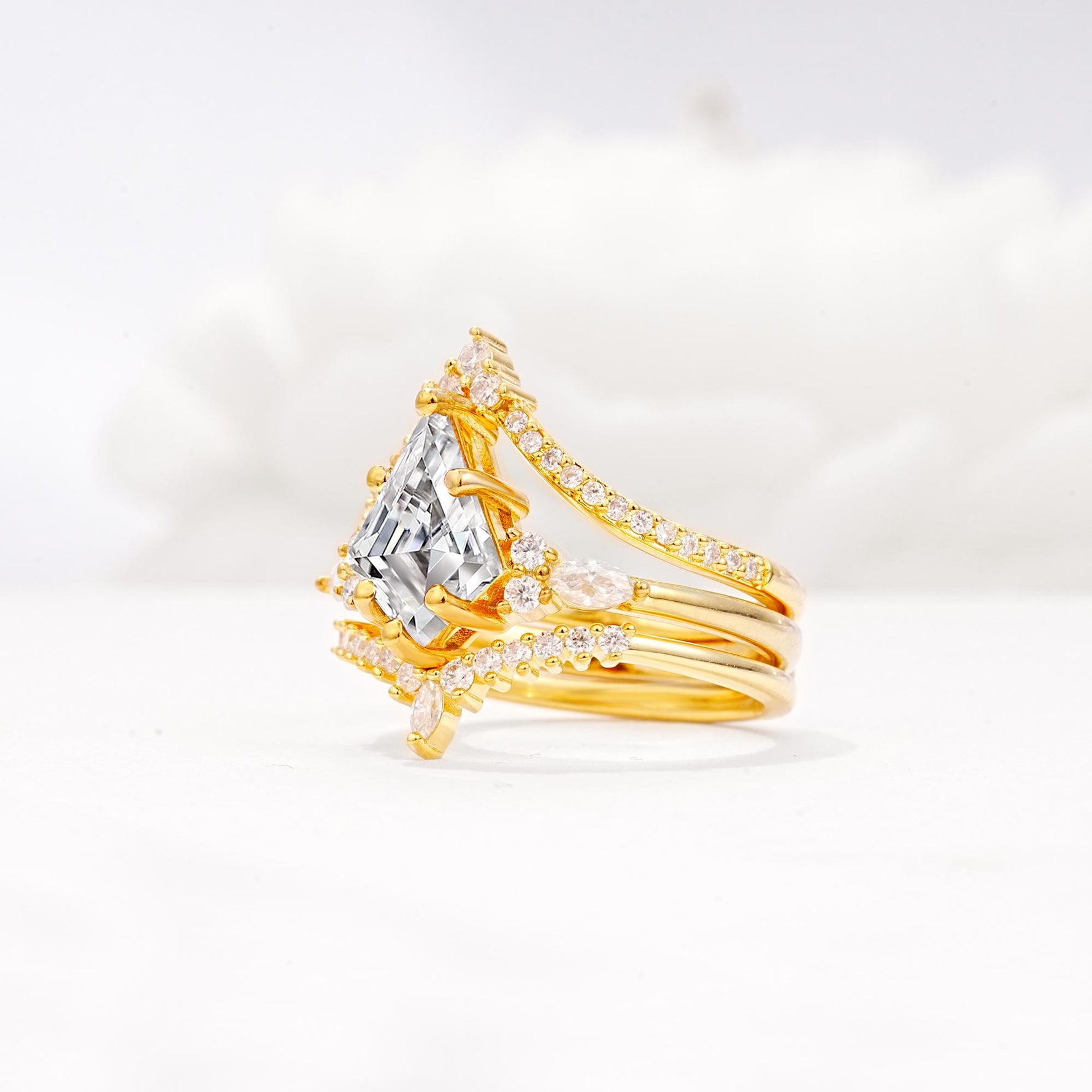 Kite Cut Lab Diamond Engagement Ring Set with Double Chevron Enhancers - Rose-Gold